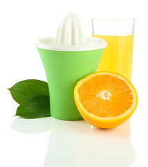 Citrus press, glass of juice and ripe oranges, isolated on
