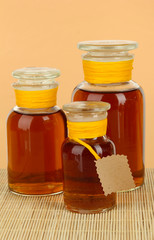 Medicine bottles on beige background