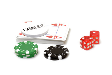 Set of poker chips, cards and dices
