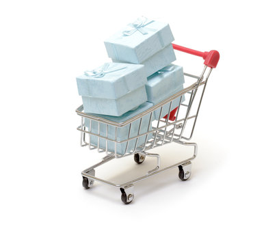 Shopping cart with cyan gift boxes