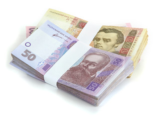 Pile of Ukrainian money, isolated on white