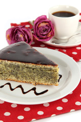 Delicious poppy seed cake with cup of coffee isolated on white