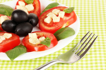 Cheese mozzarella with vegetables in plate on table