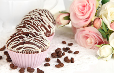 Sweet chocolate cupcakes close up