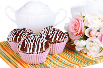 Sweet chocolate cupcakes close up