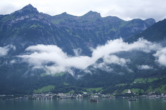 lakeside apline village swiss alps