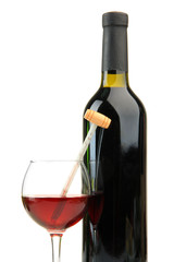 Bottle and glass of wine with thermometer, isolated on white