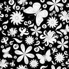 Fantasy floral seamless texture with flowers and butterflies