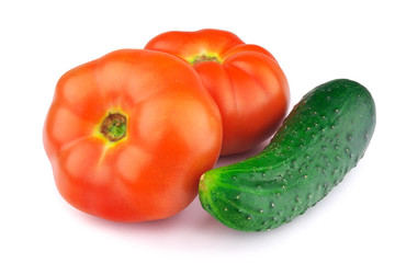 Red ripe tomatoes, cucumber, isolated on white background