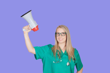 Atractive medical girl with a megaphone