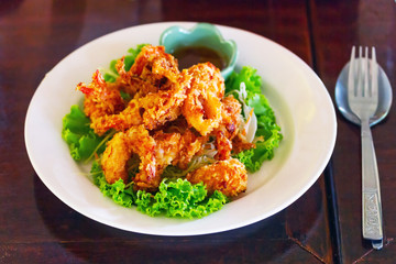 Deep fried squid rings on the plate with salad