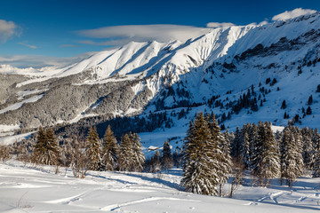 Fototapeta na wymiar Mountain Peak and Ski Slope near Megeve in French Alps, France