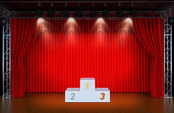 Theater stage and red curtains and spotlights With Sports podium