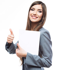 Naklejka premium Smile Business woman portrait with blank white board on white is