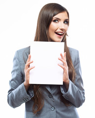 Young smiling business woman hold board, white background  port