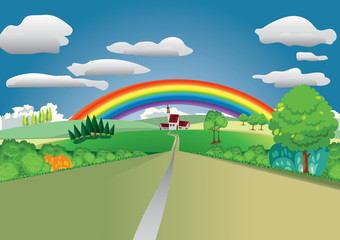 landscape with road trees and rainbow