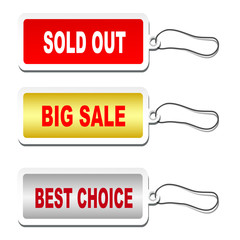 Set of tags - Sold out, big sale, best choice. Vector