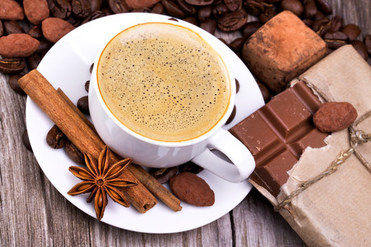 coffee with Chocolate bar and spices