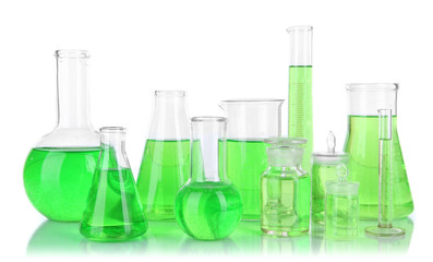Test-tubes with green liquid isolated on white