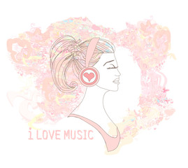 Beautiful young woman in headphones listening to music, abstract