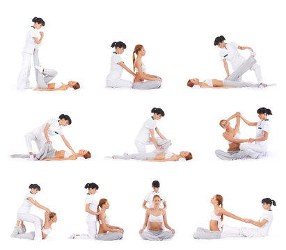 Set of many different images of the woman getting thai massage