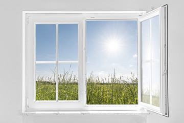 white half open window with sun