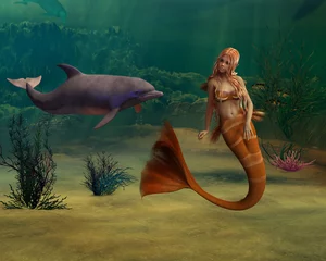 Fototapete Meerjungfrau Meerjungfrau und Delphin