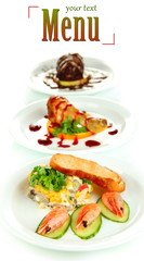 Small portions of food on big white plates isolated on white