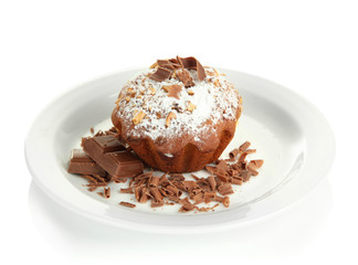 Tasty muffin cake with powdered sugar and chocolate