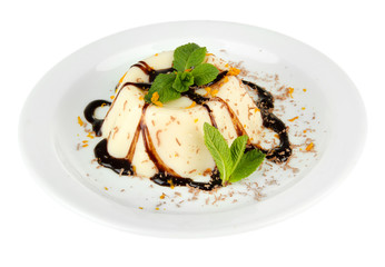 Panna Cotta with chocolate sauce, isolated on white