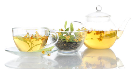 Kettle and cup of tea with linden