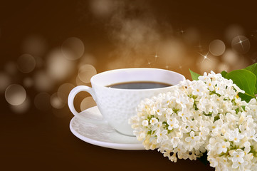 White mug and flowers on a dark background