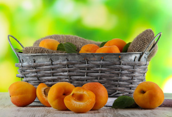 Apricots in basket on wooden table on nature background