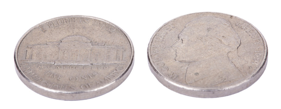  Isolated 5 Cents (Nickel) Coin Both Sides