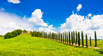 Beautiful landscape with house on hill in Tuscany, Italy