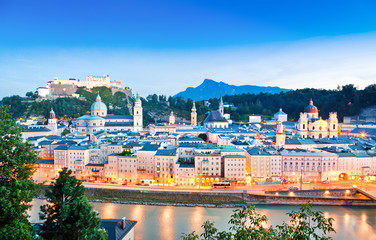 Salzburg panorama with river Salzach at dusk, Austria