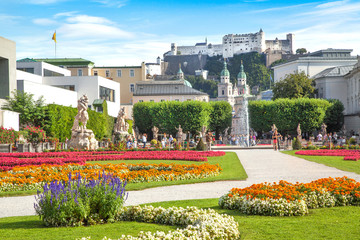 Mirabell Gardens and Fortress Hohensalzburg in Salzburg, Austria