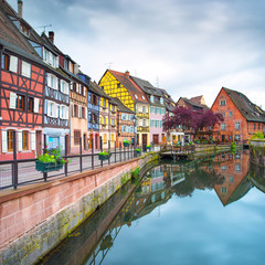 Colmar, Petit Venice, water canal and houses. Alsace, France.