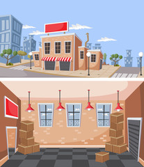 Factory warehouse in the city. Storehouse with wooden boxes