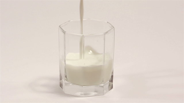 Milk flowing in  transparent cup on  white background