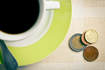 euro currency and coffee cup