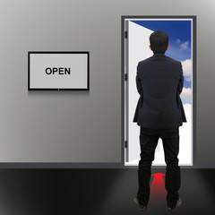 Open Door with open text and businessman