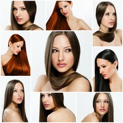 fashion hairstyle collage , natural long shiny healthy hair