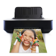 Printer and picture and Little girl with hands in colorful paint