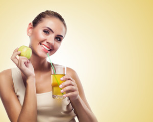 woman with apple juice . Concept vegetarian diet