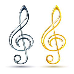 Naklejka premium Gold and silver treble clef on white background