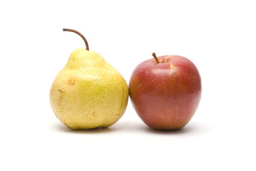 Yellow Pear and Red Apple on white