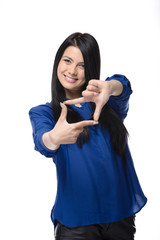 Happy smiling beautiful young woman showing thumbs up gesture