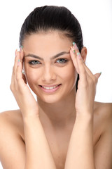 Woman with beauty long brown hair - posing at studio