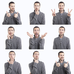 young man funny face expressions composite isolated on white bac